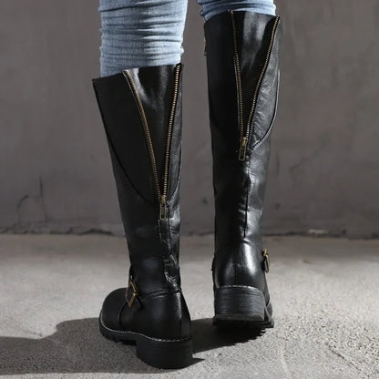Women's high-top biker boots with chunky heel and buckle design