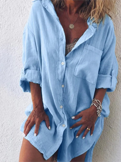 Women's casual summer button pocket long sleeve shirt