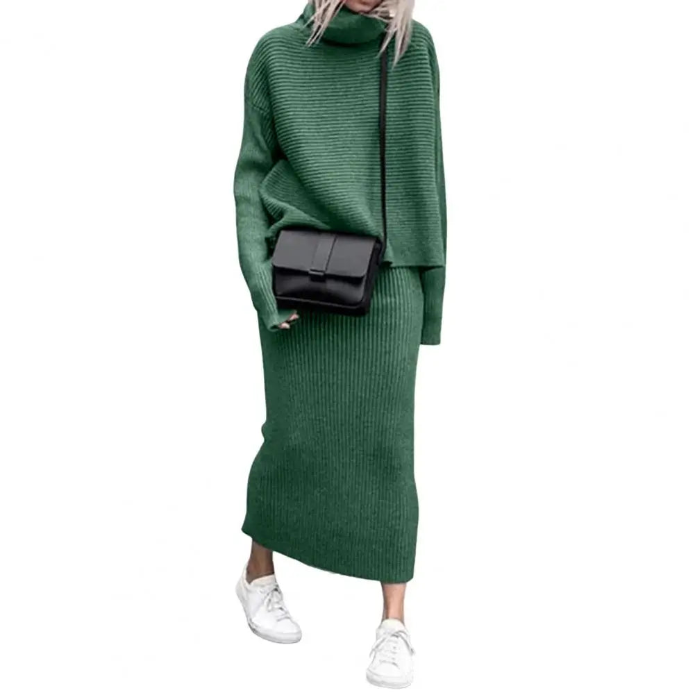 Women's casual  loose high collar pullover knitted sweater skirt set