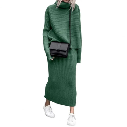 Women's casual  loose high collar pullover knitted sweater skirt set
