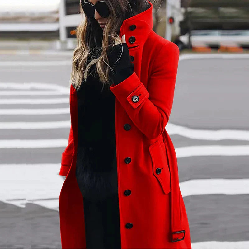 Women's button-down belted high-neck trench coat