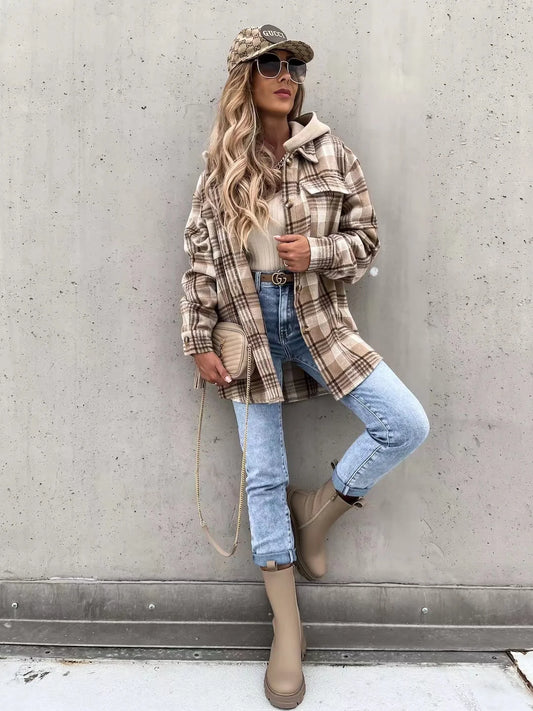 Plaid Detachable Hooded Button Front Jacket