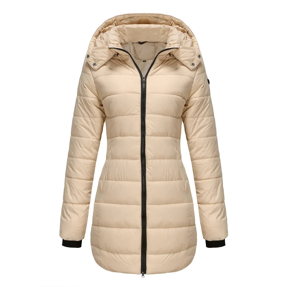 Women's winter puffer jacket with a removable quilted hood
