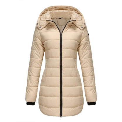 Women's winter puffer jacket with a removable quilted hood