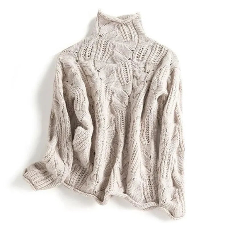 Isabella Relaxed Fit Turtleneck Sweater | Cable Knit Ribbed Trim Sweater