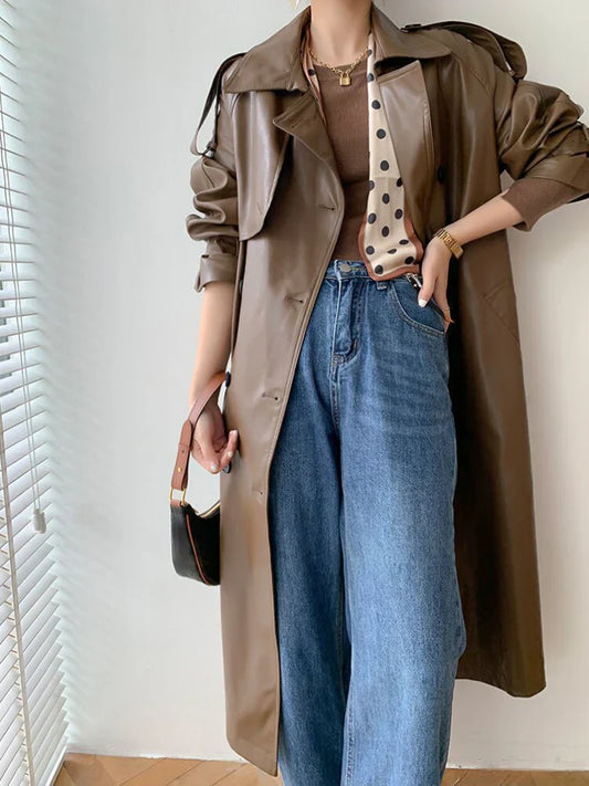 Faux Leather Double-Breasted Trench Coat