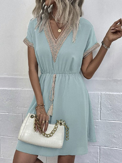 Women's Mini Dress - Lace Trim V-Neck - Short Sleeve Flowy Casual Fit