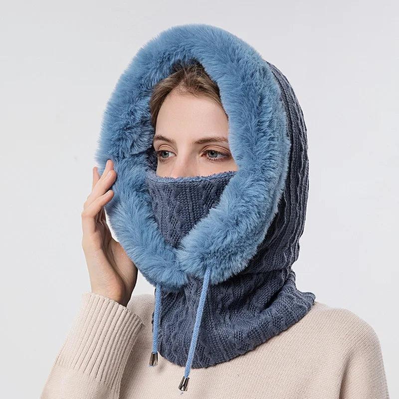 Amelia Fit Hooded Neck Warmer | Cable Knit Fur Trim Neck Warmer