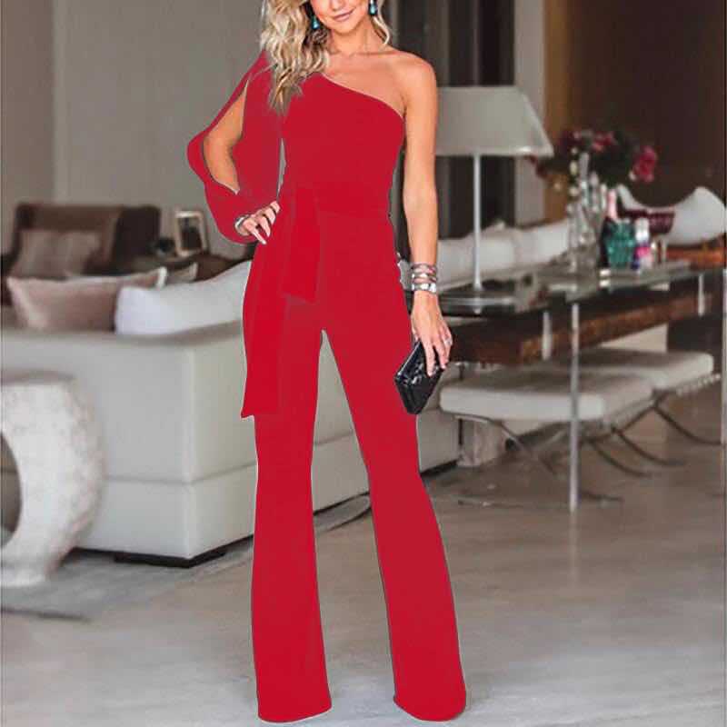 Women’s Elegant Overall - One Shoulder - Slim Fit - Belted Waist - Flared Leg