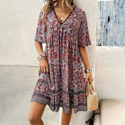 Women’s Bohemian Dress – Lightweight Cotton – Relaxed Fit – V-Neck – Tiered Hem – Short Sleeve