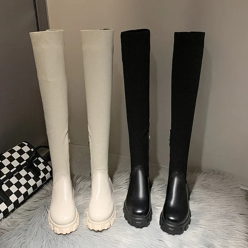 Women's knitting  over-the-knee round toe winter boots