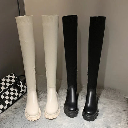 Women's knitting  over-the-knee round toe winter boots