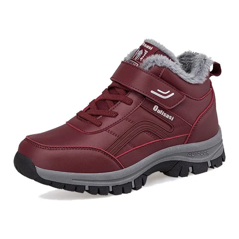 Women's winter waterproof leather ankle snow boots with plush lining