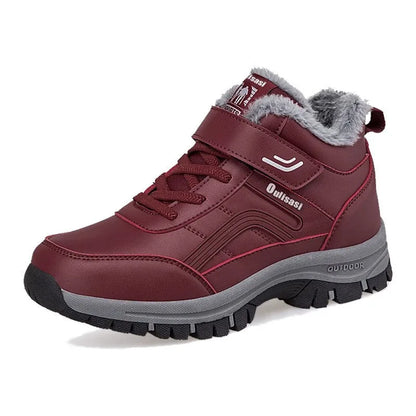 Women's winter waterproof leather ankle snow boots with plush lining