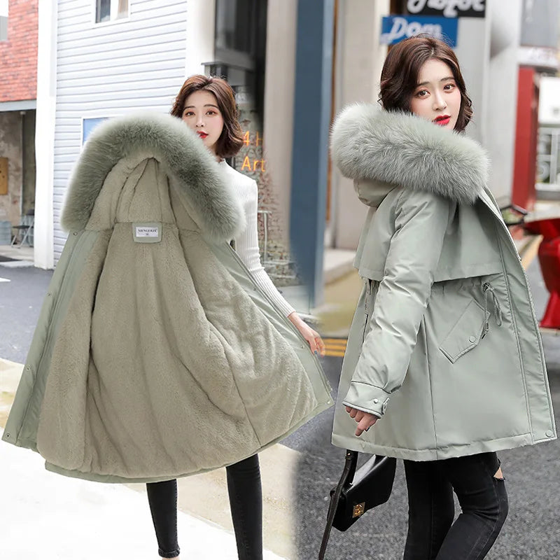 Women's long faux wool-lined parka with fur collar