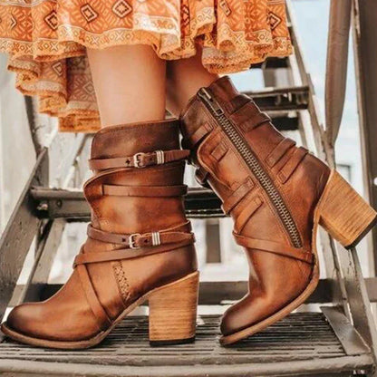Women's retro leather boots with belt buckle design