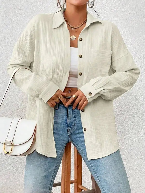 Women's Button-Up Shirt - Lightweight Crinkled Fabric - Relaxed Fit - Long Sleeve