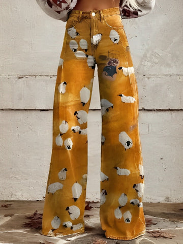 Vintage sheep-print wide-leg pants lightweight faux denim for women