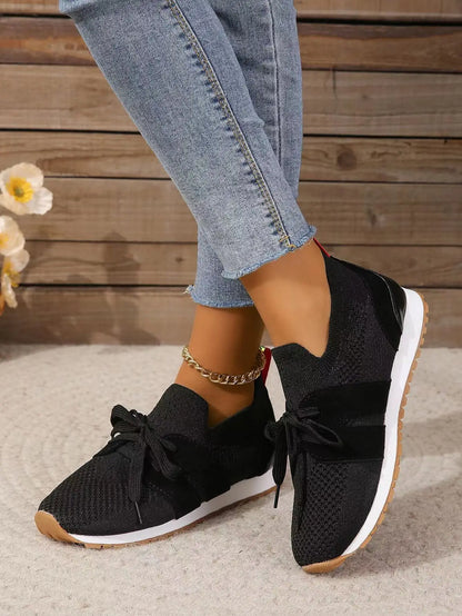 Women's Casual Sneakers - Breathable Knit Upper - Lace-Up - Rubber Sole Comfortable Fit