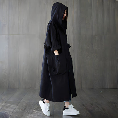 Women's retro literary oversized hooded trench coat with large pockets