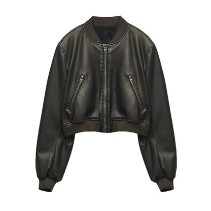 Women’s Bomber Jacket - Cropped Fit - Faux Leather - Zip Front - Ribbed Collar & Cuffs
