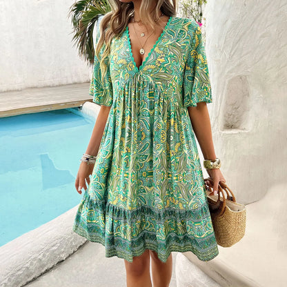 Women’s Bohemian Dress – Lightweight Cotton – Relaxed Fit – V-Neck – Tiered Hem – Short Sleeve