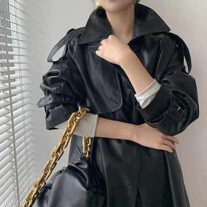 Women's Trench Coat - Faux Leather - Double-Breasted Long Fit - Wide Lapels Elegant Style