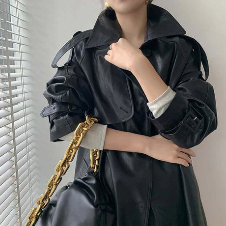Leather Look Loose Fit Trench Coat 