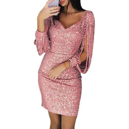 Women's Sequin Mini Dress - Scoop Neck - Draped Open Sleeves - Party Wear