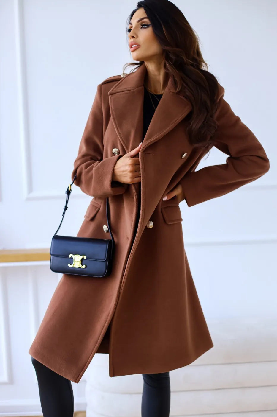 Women's double-breasted textured coat long sleeve lapel winter jacket