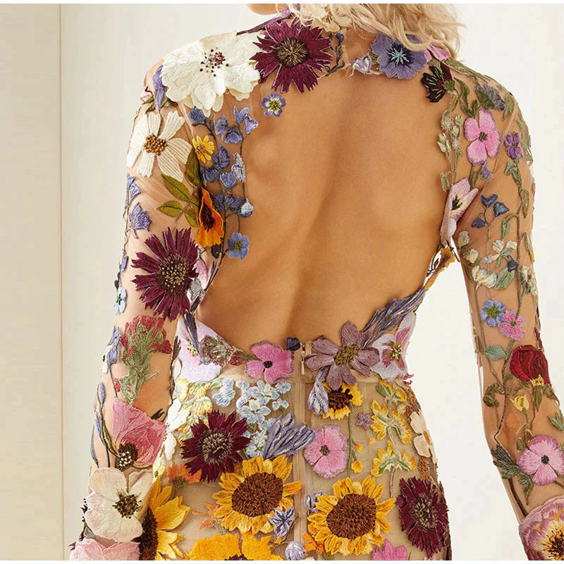 Floral Embroidered Sheer Overlay Mini Dress