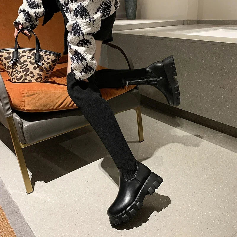 Women's knitting  over-the-knee round toe winter boots
