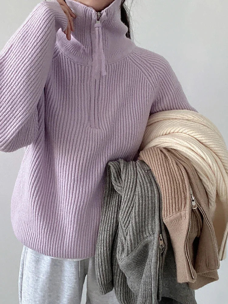 Half-zip ribbed knit sweater for women