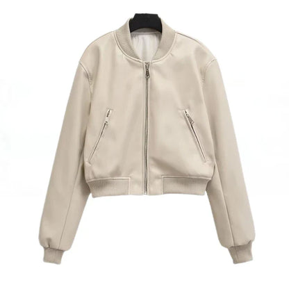 Women’s Bomber Jacket - Cropped Fit - Faux Leather - Zip Front - Ribbed Collar & Cuffs