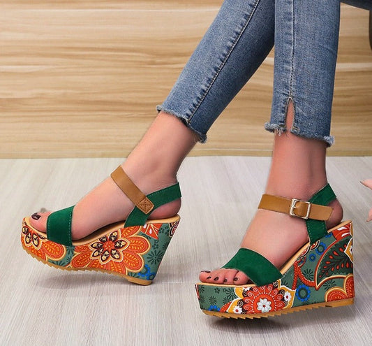 Printed Heel Ankle Strap Wedge Sandals
