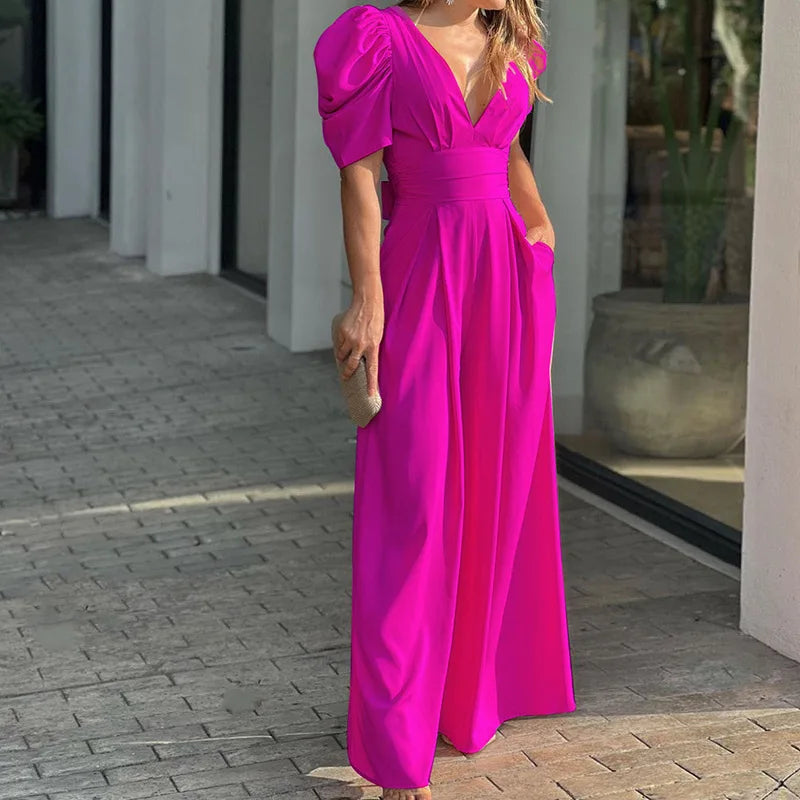 Tailored Puff Sleeve Wide-Leg Jumpsuit