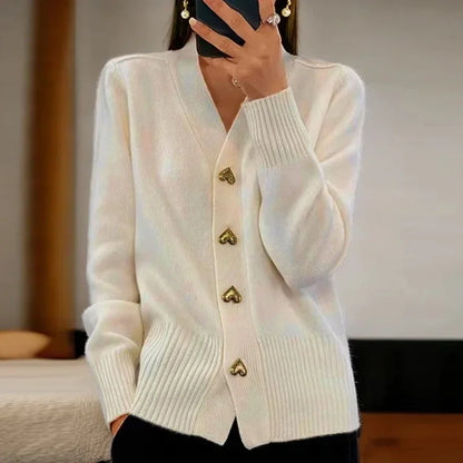 Women's long-sleeved v-neck cardigan sweater with button details