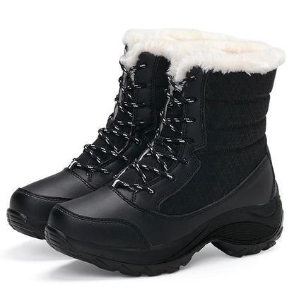 Women’s Snow Boots – Mid Calf – Faux Fur Lined – Lace Up – Platform Sole – Water Resistant