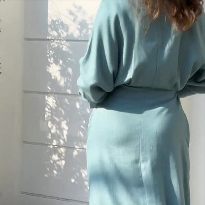 Women's Long Dress - Shirt Collar - Belted Waist - Button Front - Side Slits