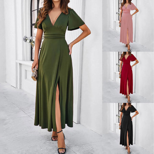 Satin Finish A-Line Maxi Dress With Sleeves