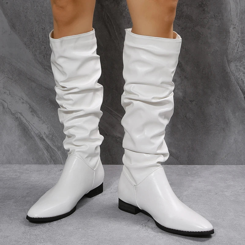 Women's knee high punk style pleated PU leather boots