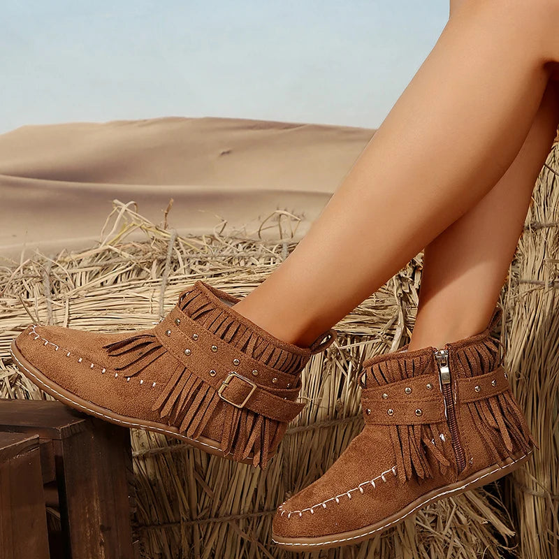 Women's retro faux suede buckle cowboy ankle boots