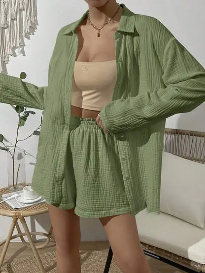 Women's 2-piece long sleeve shirt & high waist mini shorts set
