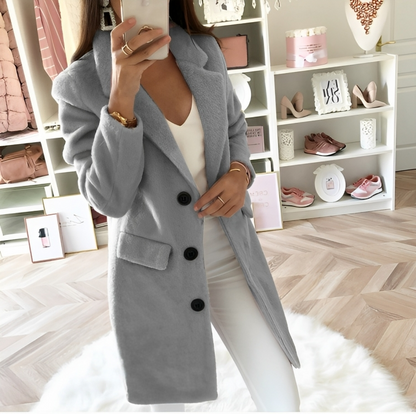 Women's elegant cozy winter lapel jacket with front pockets and big buttons