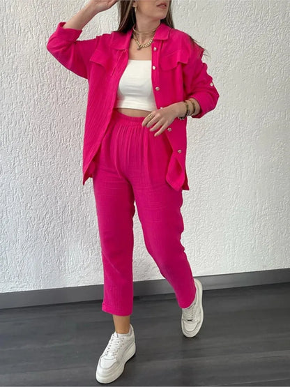Women's casual long sleeve shirt and loose button pants set