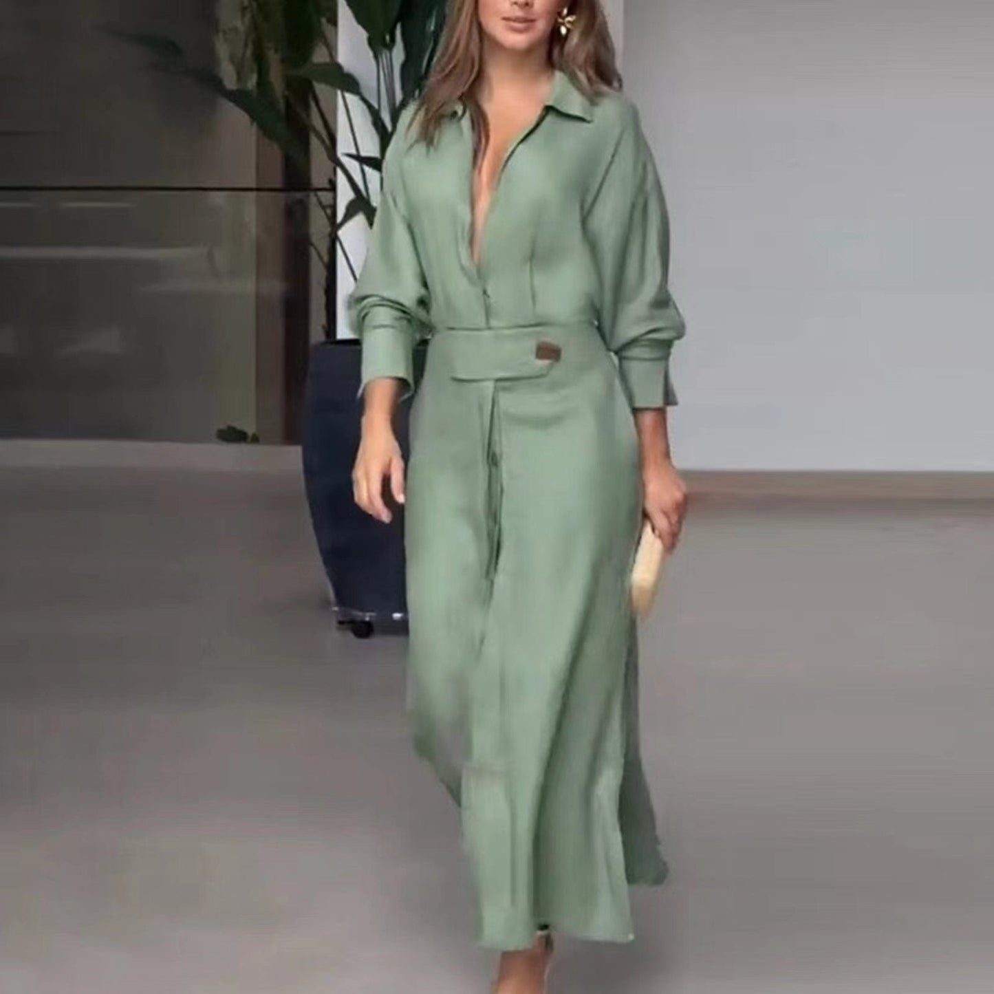 Women's Long Dress - Shirt Collar - Belted Waist - Button Front - Side Slits