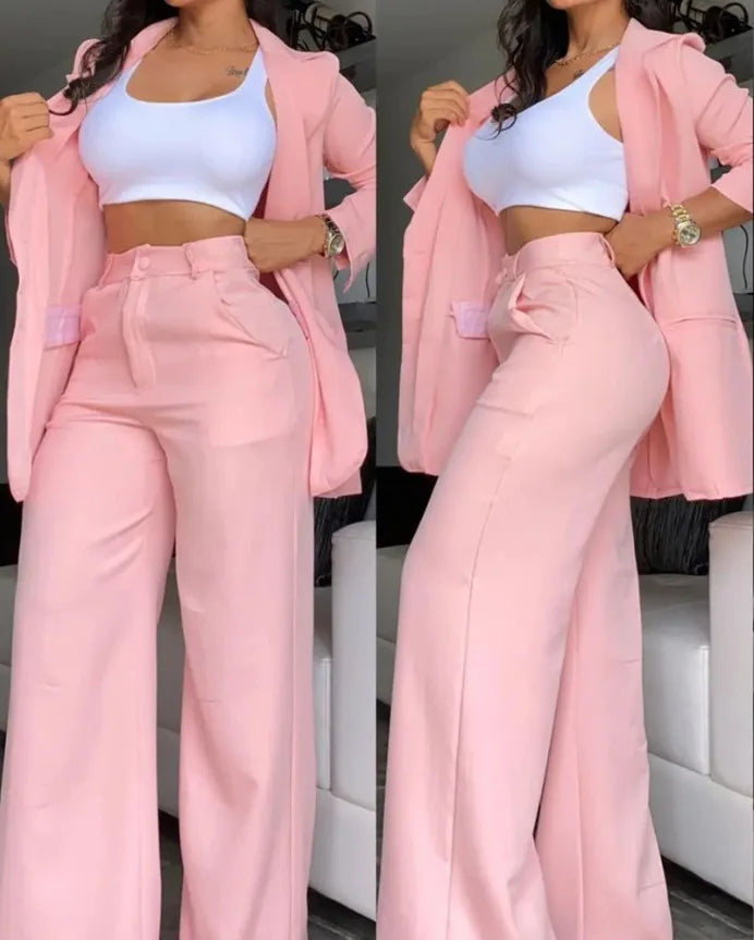 Women's blazer suit with slit sleeves and high waist wide leg trousers two-piece set