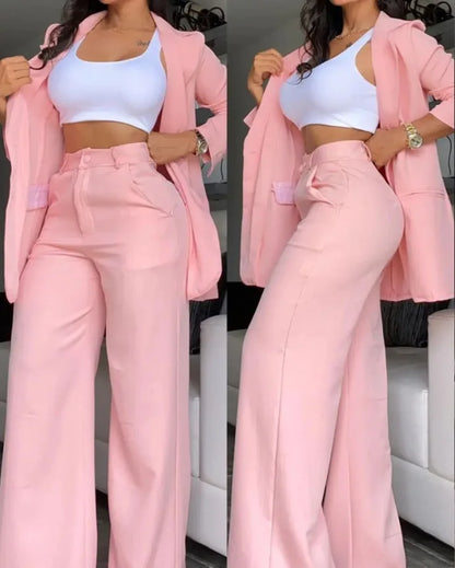 Women's blazer suit with slit sleeves and high waist wide leg trousers two-piece set
