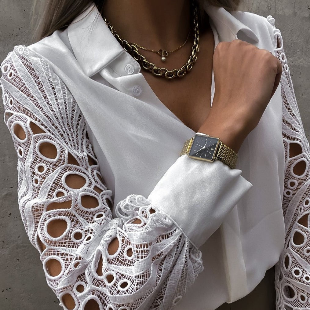 Women's Blouse - Lace Sleeve - Button Down Elegant Formal Wear