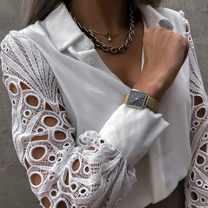 Women's Blouse - Lace Sleeve - Button Down Elegant Formal Wear